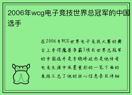 2006年wcg电子竞技世界总冠军的中国选手
